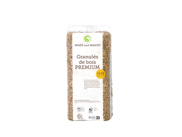 Sac de granulés de bois de 15 kg pour poêle ou chaudière.